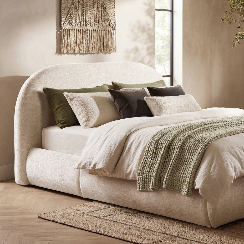 Archie Puffy Grounded Upholstered Platform Bed Queen, Oatmeal Light