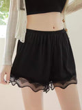 Lace Anti-Exposure Three-Part Home Shorts, Wearable Outside, Non-Rolling, Thin Summer Safe Sleep Shorts With Lace For Women-black