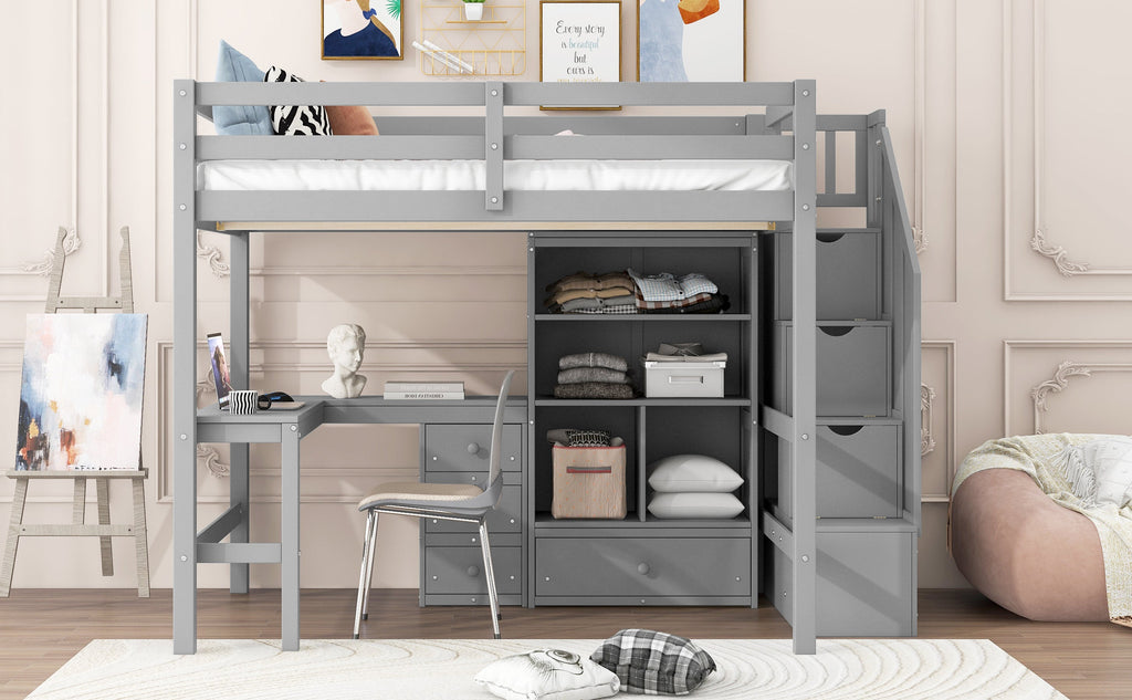 Full Size Loft Bed with L-Shaped Desk and Drawers