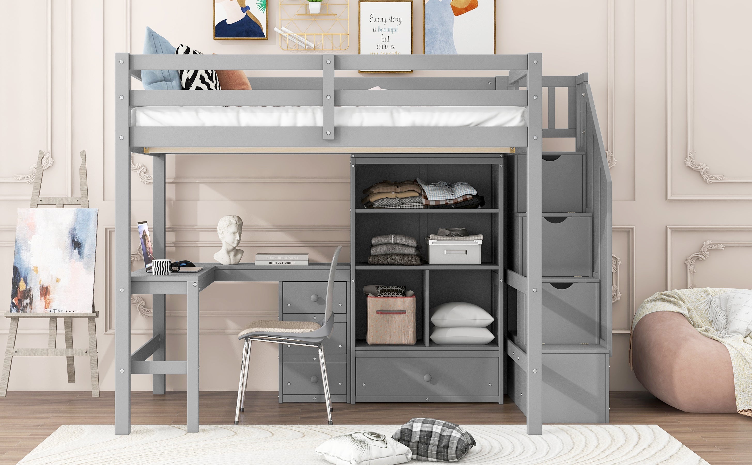 Full Size Loft Bed with L-Shaped Desk and Drawers