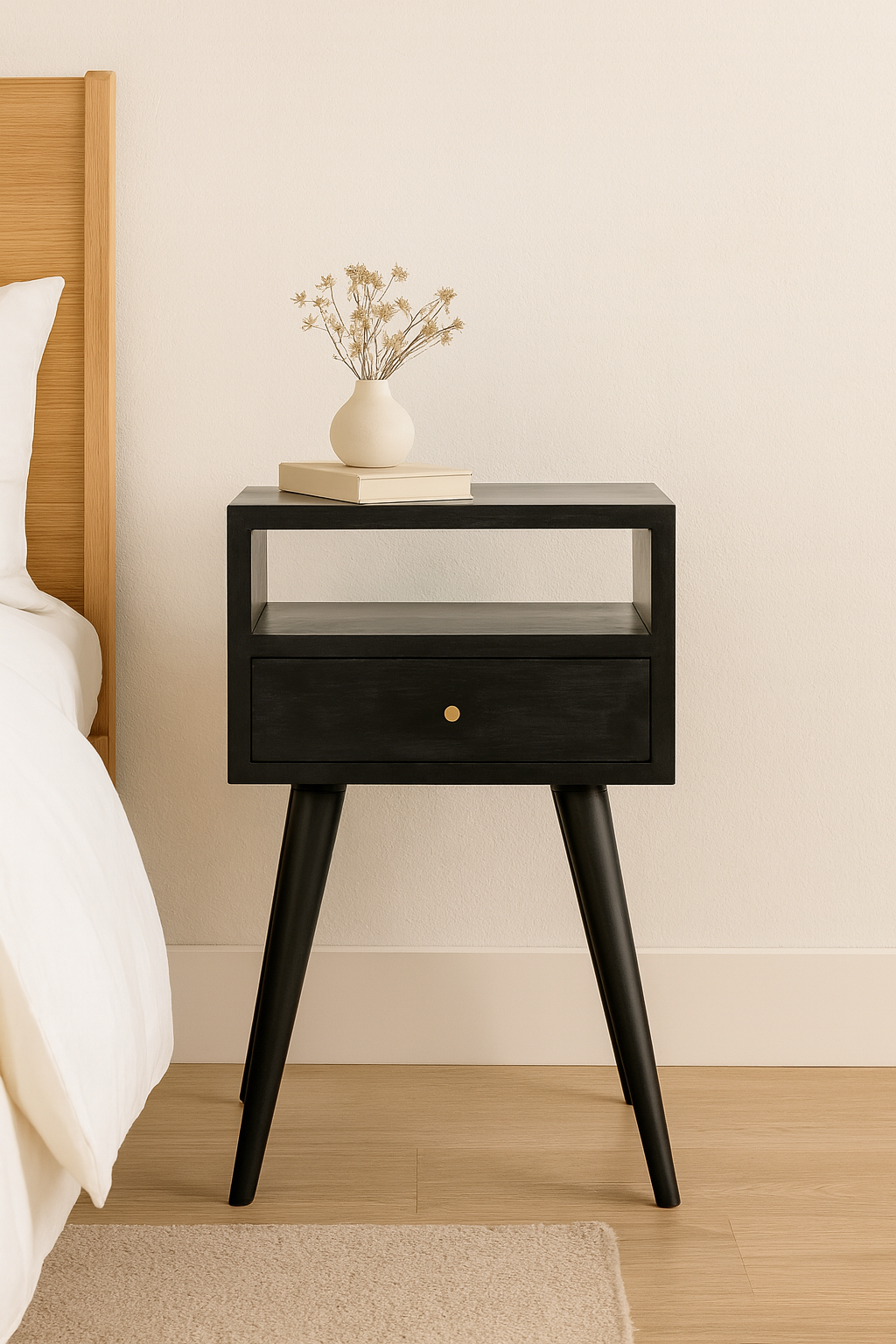 Solid Wood Mini Nightstand, 1-Drawer, 1 Open-Slot, Ash