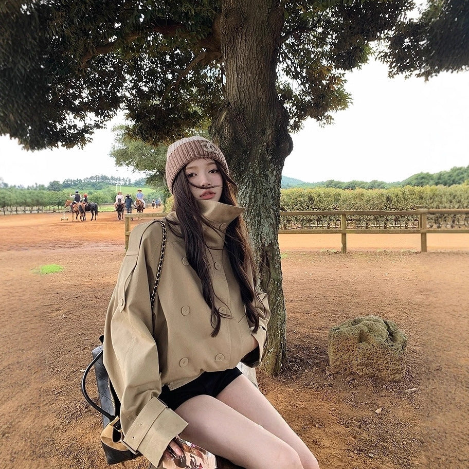 Double-breasted British-style Short Trench Coat With A Stand-up Collar For Women
