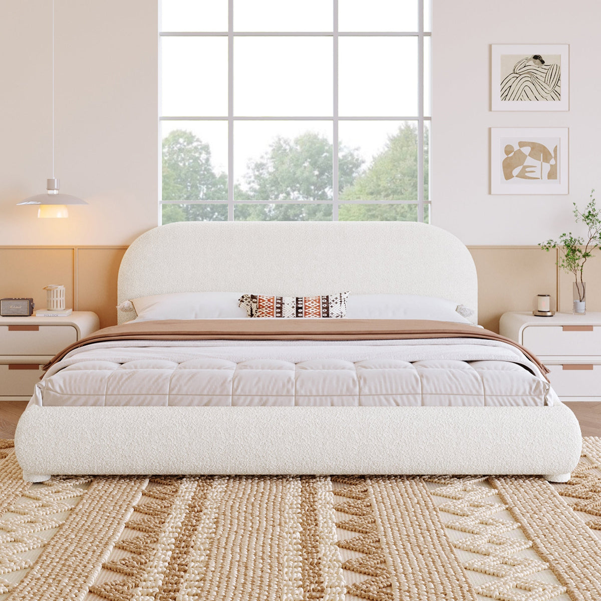 Cream Style Fabric Upholstered Bed