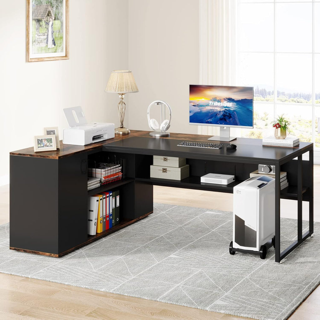 71" L-Shaped Executive Desk with Storage Cabinet & Shelves