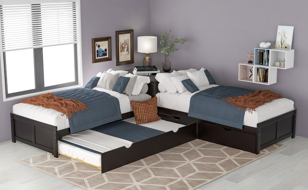 L-Shaped Platform Bed with Trundle and Built-in Desk