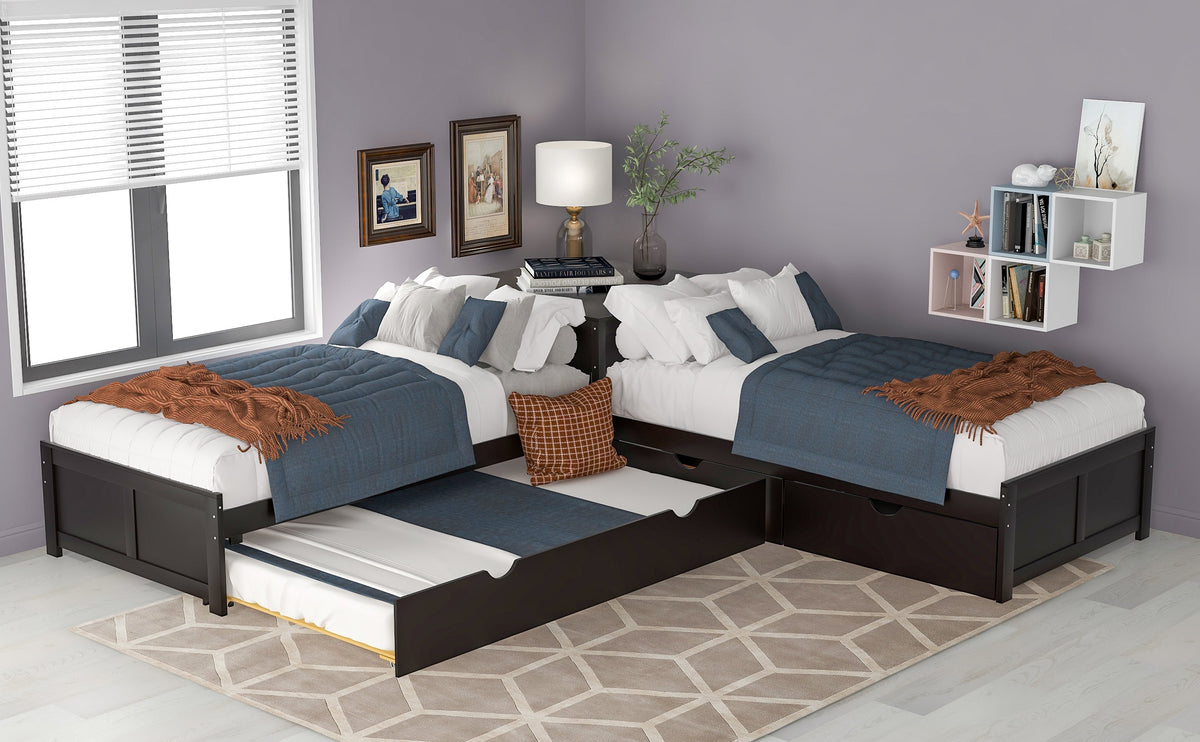 L-Shaped Platform Bed with Trundle and Built-in Desk