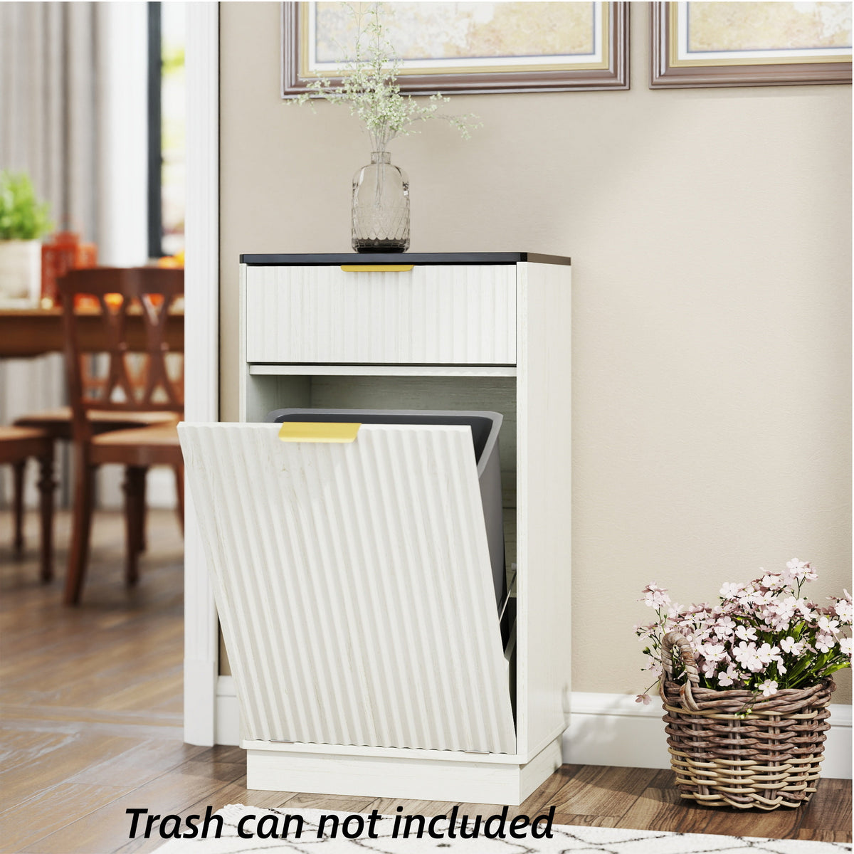 Woodgrain Tilt-Out Trash Can Cabinet with Wave-Textured Drawer