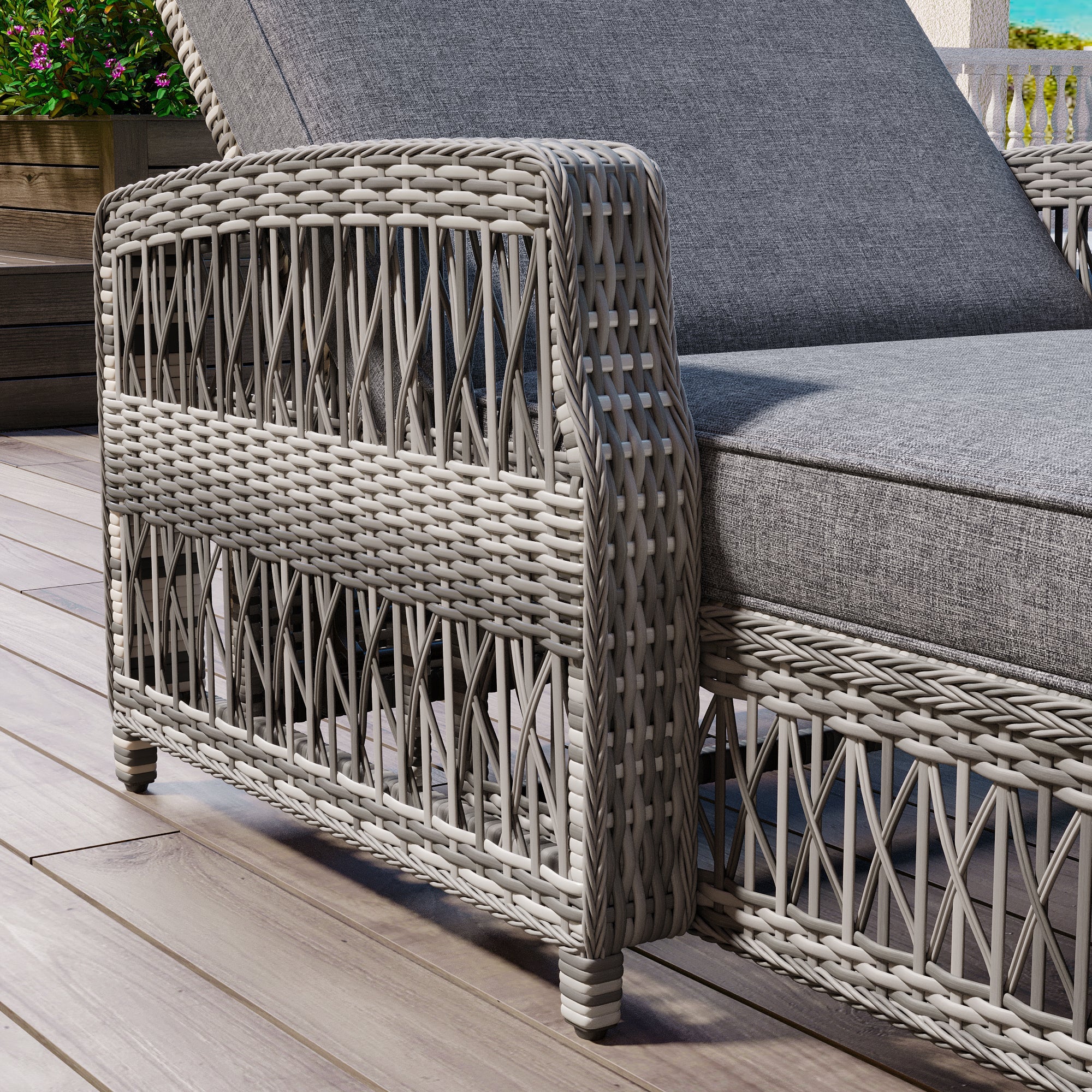 GO Outdoor Long Reclining Chaise, Wicker Lounge with Armrests