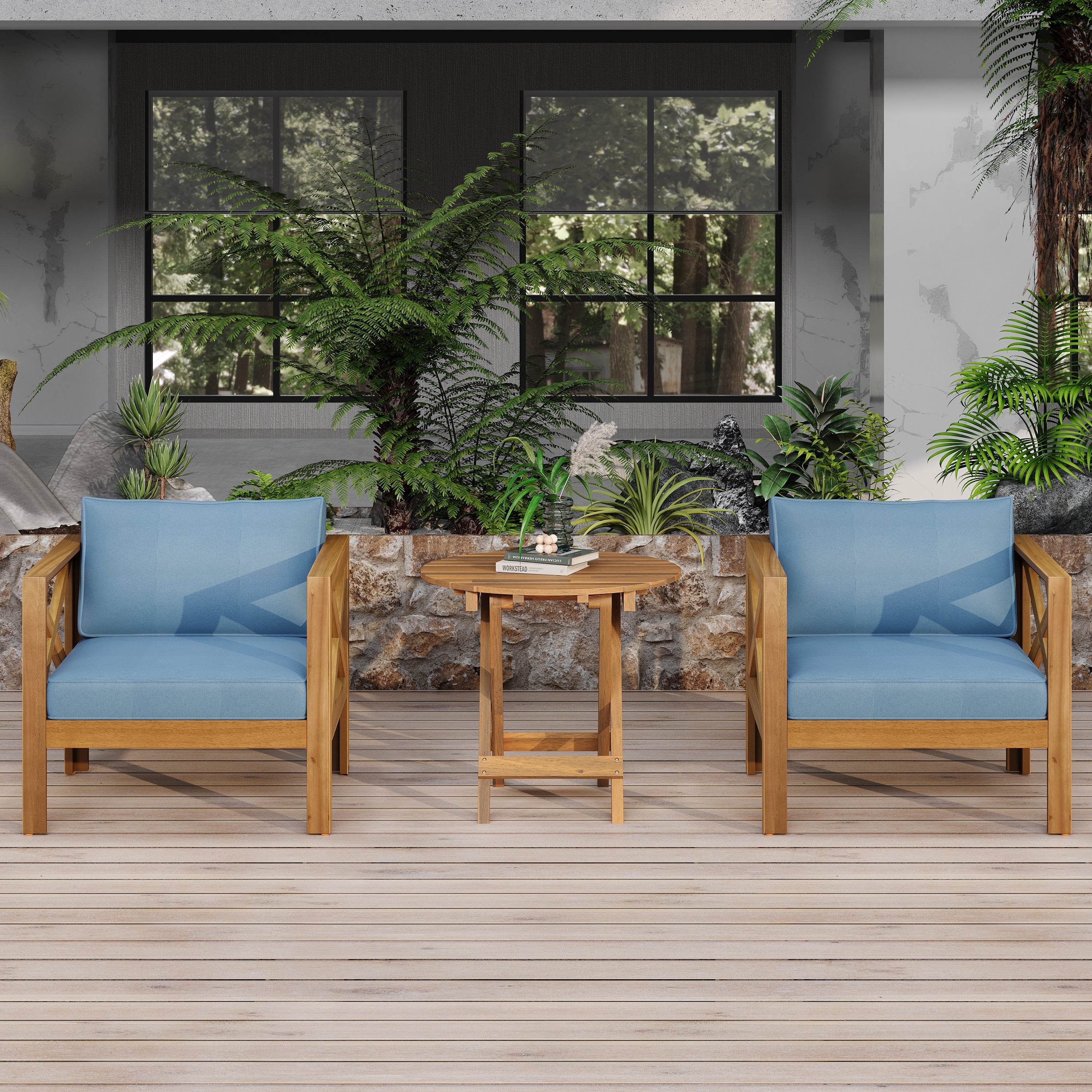 Patio Conversation Set with Outdoor Wood Chairs and Side Table