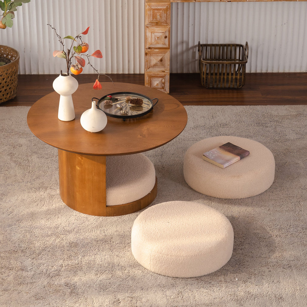 31.5" Round Wood Coffee Table with 3 Teddy Fabric Nesting Stools