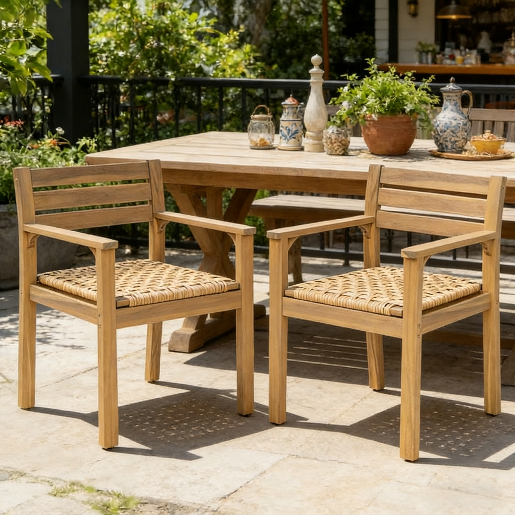 Set of 2 Outdoor Acacia Wood Dining Chairs with Woven Seats