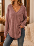 Anuo New Arrival Autumn Winter Fashion Casual Loose V Neck Waffle Knit Top