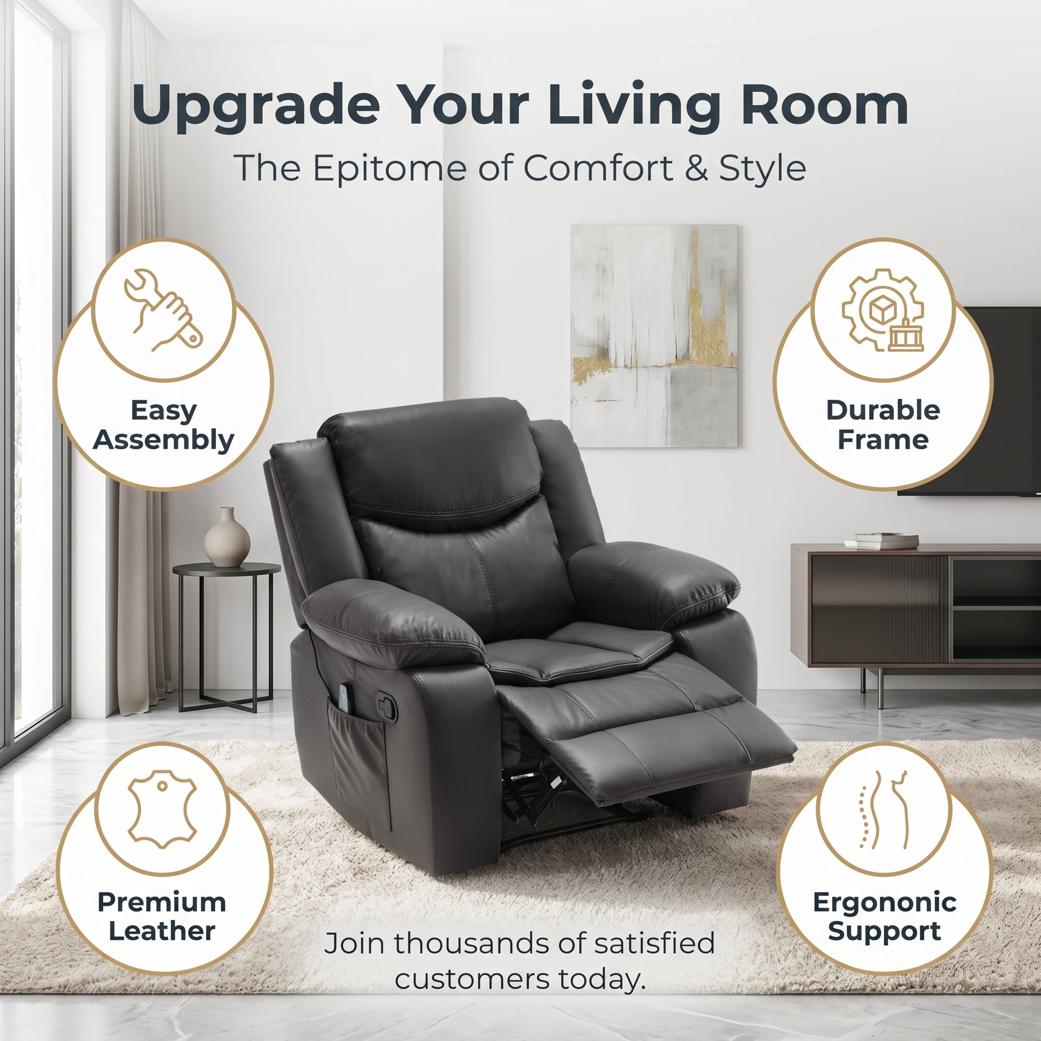 Grey Air Leather Recliner Chair With Vibration And Heating