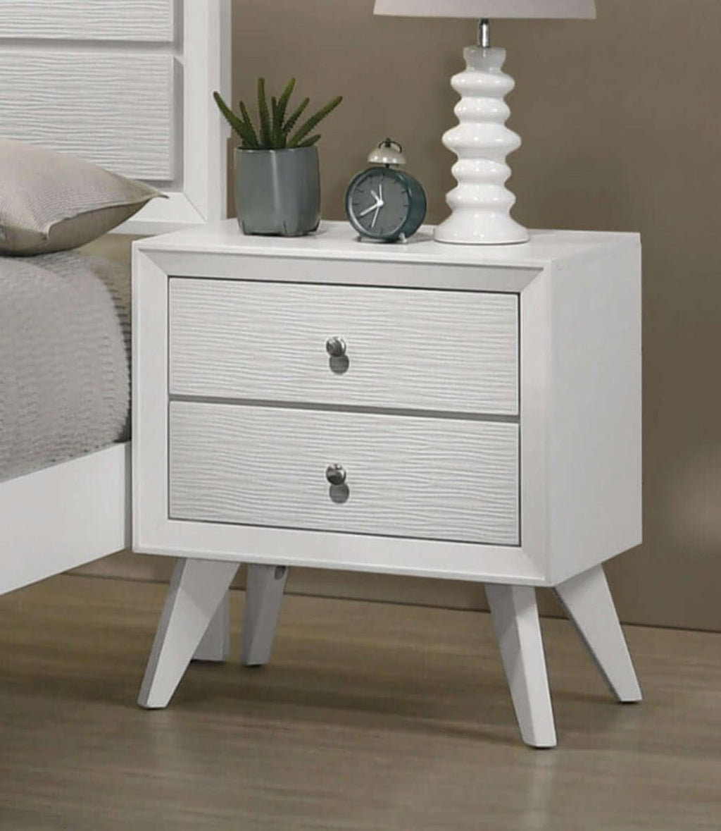 White Cal King Size Bed 2x Nightstands Wave Texture Panel HB