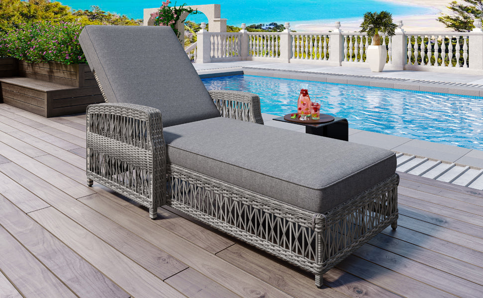 GO Outdoor Long Reclining Chaise, Wicker Lounge with Armrests