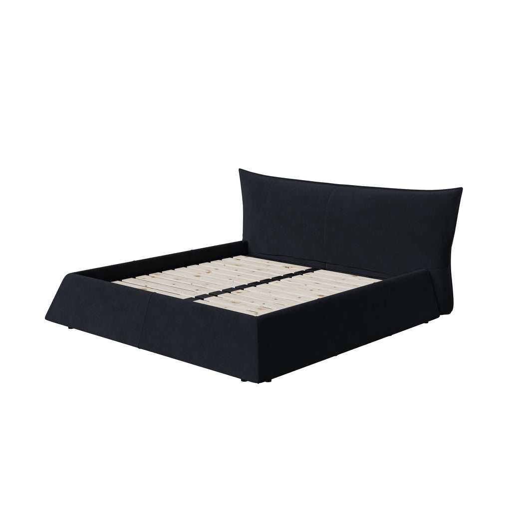 Queen Size Upholstered Platform Bed with Special Shaped Velvet Headboard