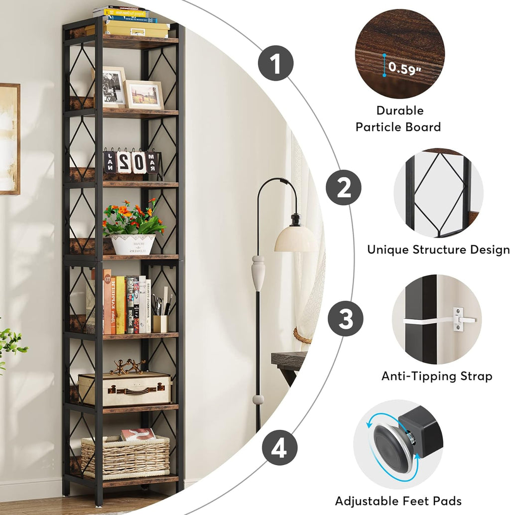 78.7" Extra Tall 7-Tier Rustic Bookshelf