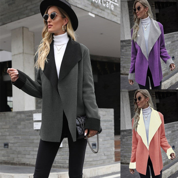 Notch-lapel Contrast-color Long-sleeve Wool Blazer