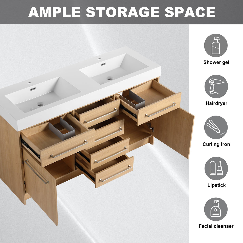 60" Freestanding Bathroom Vanity with Double Resin Sink