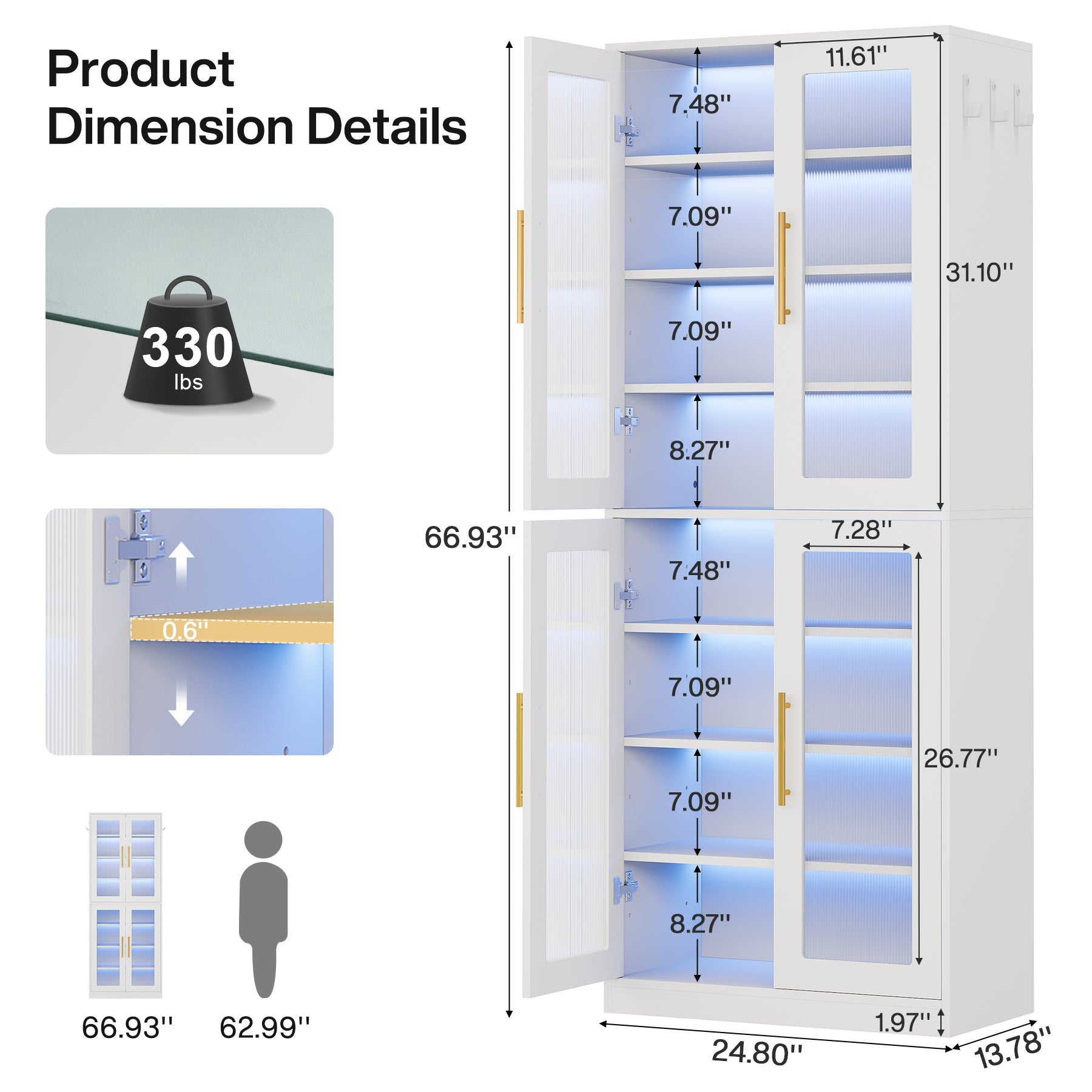67" Tall White Bookcase with Doors and LED Light