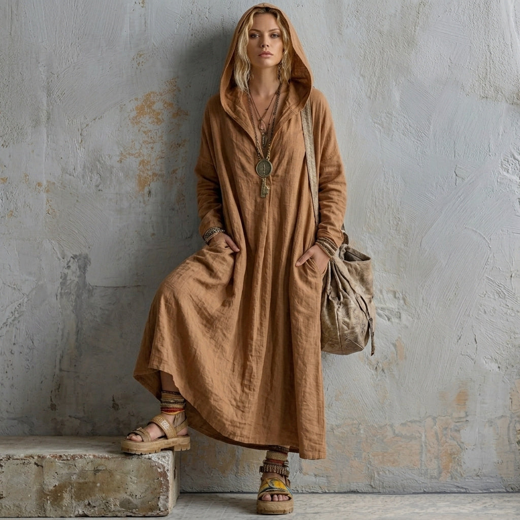 European And American Cross-border 2026 Autumn New Women's Dress, Loose Casual Style With Pockets, Long-sleeved V-neck Hooded Long Dress
