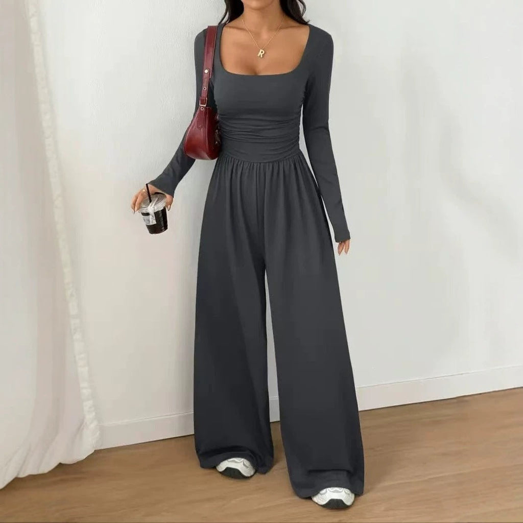 European And American Women's Clothing For Spring And Autumn, New Amazon Cross-border Women's Simple Style Solid Color Casual Long-sleeve Wide-leg Jumpsuit