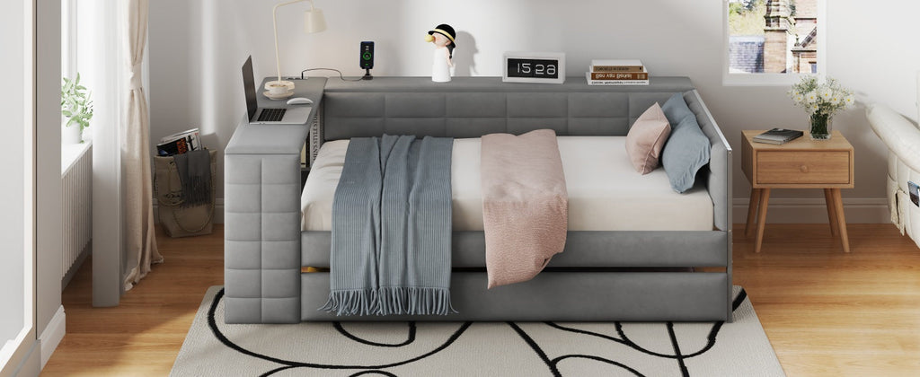 Full Size Upholstered Platform Bed with Storage Shelves, Desk, Charging Station and Trundle
