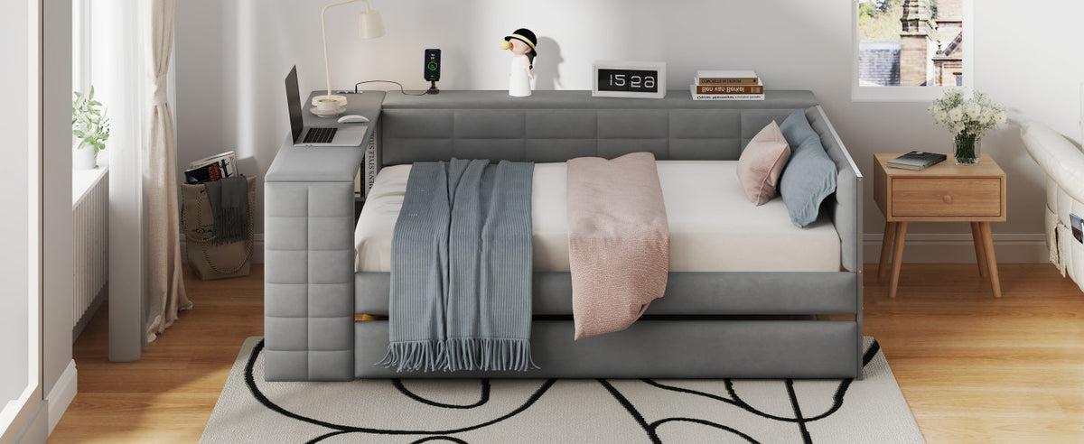 Full Size Upholstered Platform Bed with Storage Shelves, Desk, Charging Station and Trundle