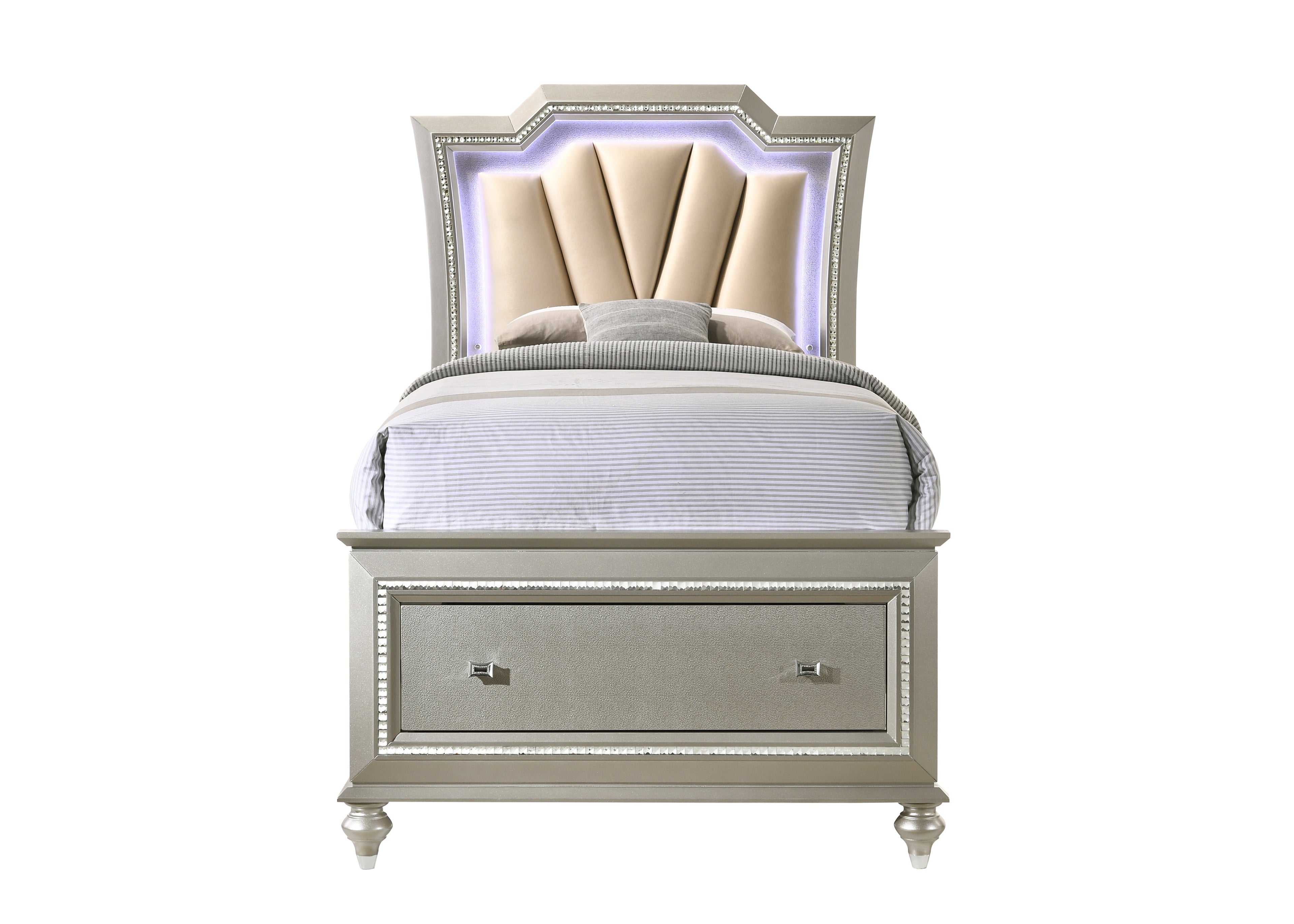 Kaitlyn Synthetic Leather & Champagne Finish Full Bed with LED & Storage