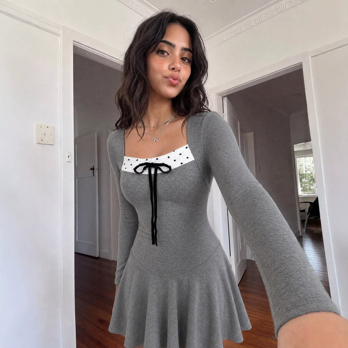 New Arrival Square-neck Long-sleeve Polka-dot Dress That Flatters