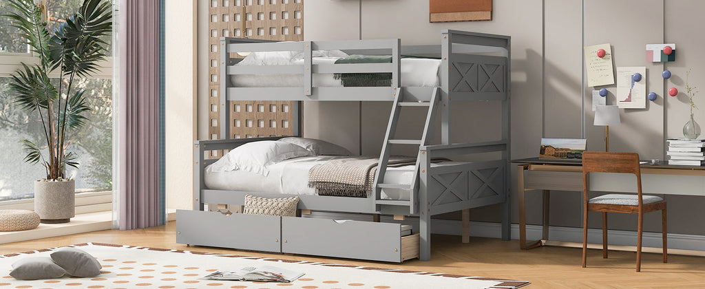 Twin Over Full Bunk Bed with Ladder, Two Storage Drawers, Safety Guardrail