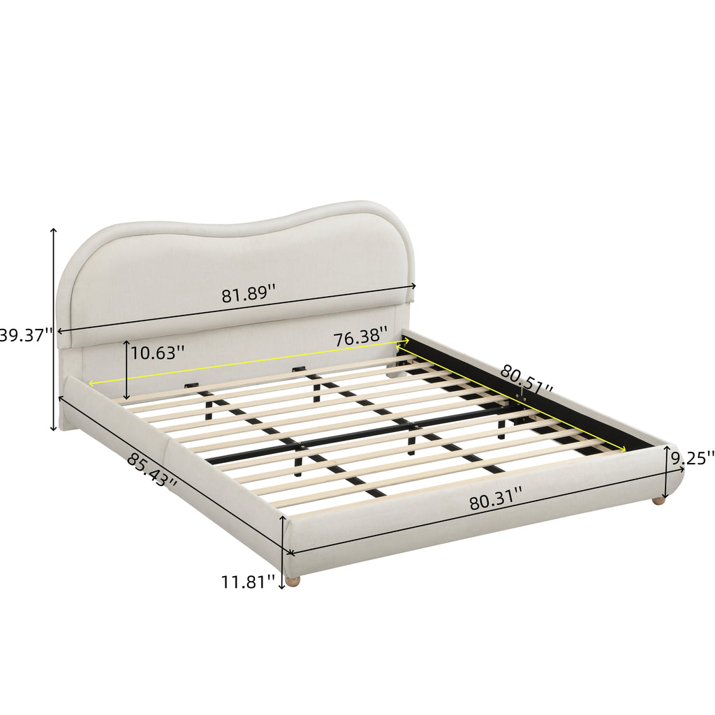 King Size Upholstered Platform Bed Frame with Rounded Corners