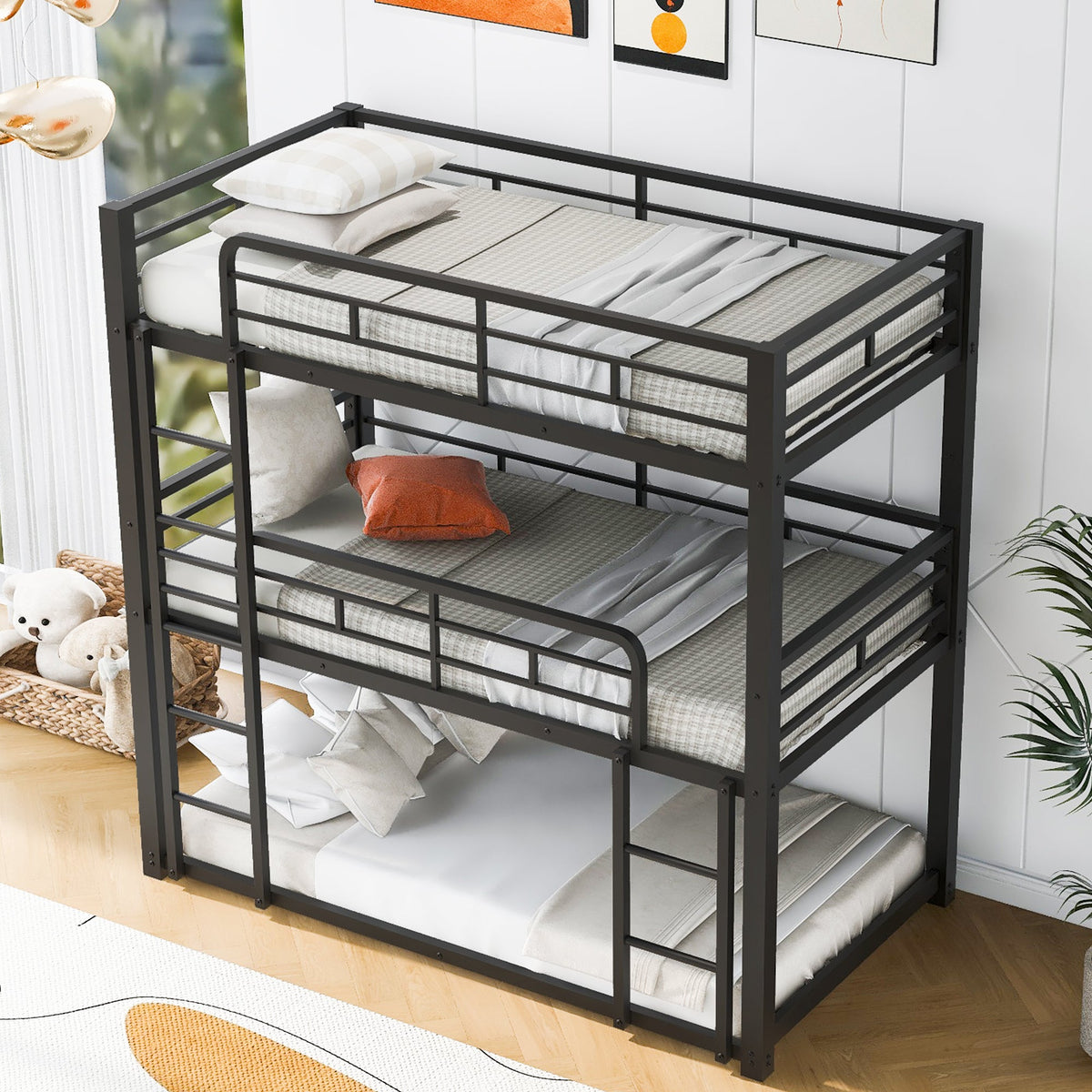 Metal Twin Size Triple Bunk Bed, Black