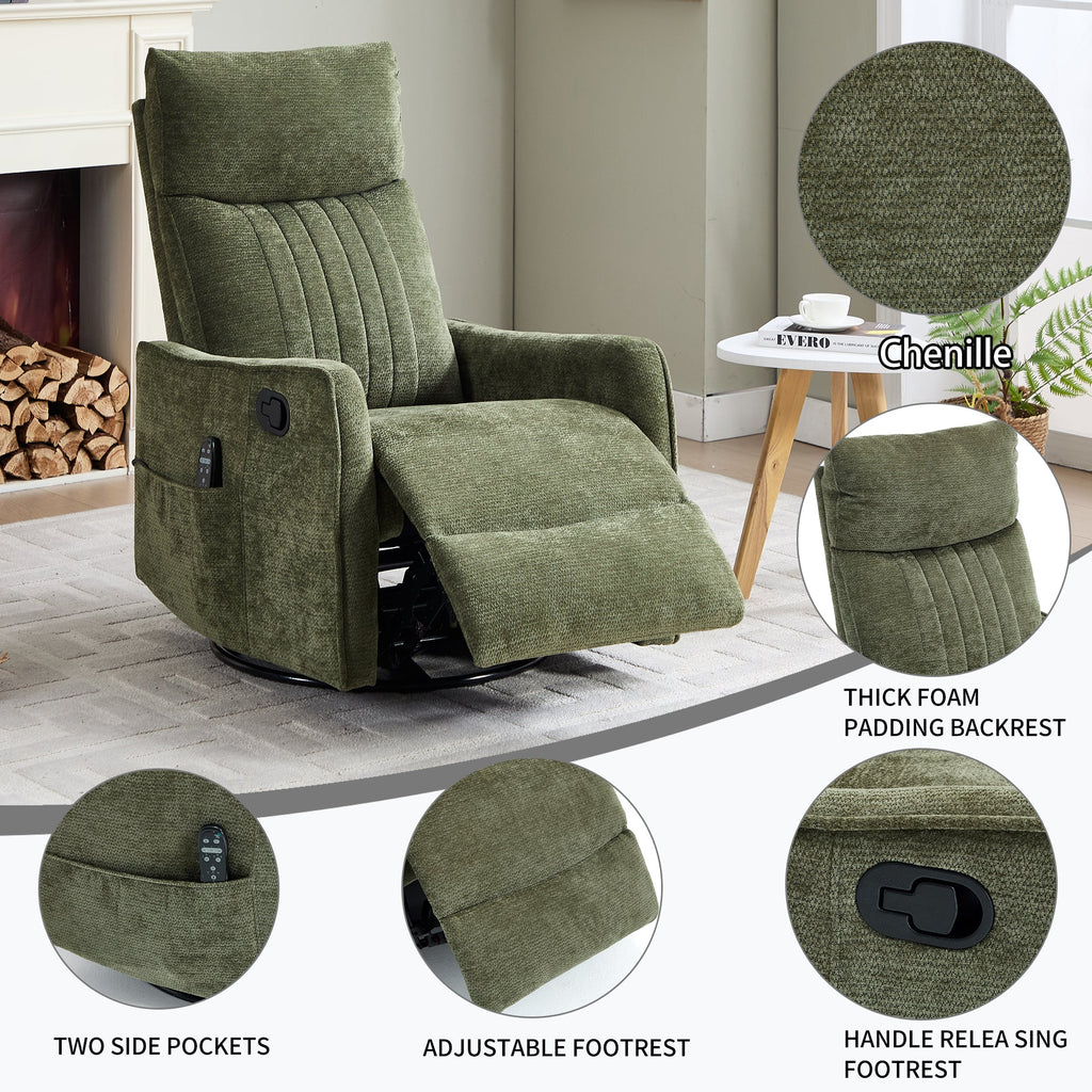 Green Heat Massage Manual Recliner Chair with Rocker and Swivel in Fabric for Living Room
