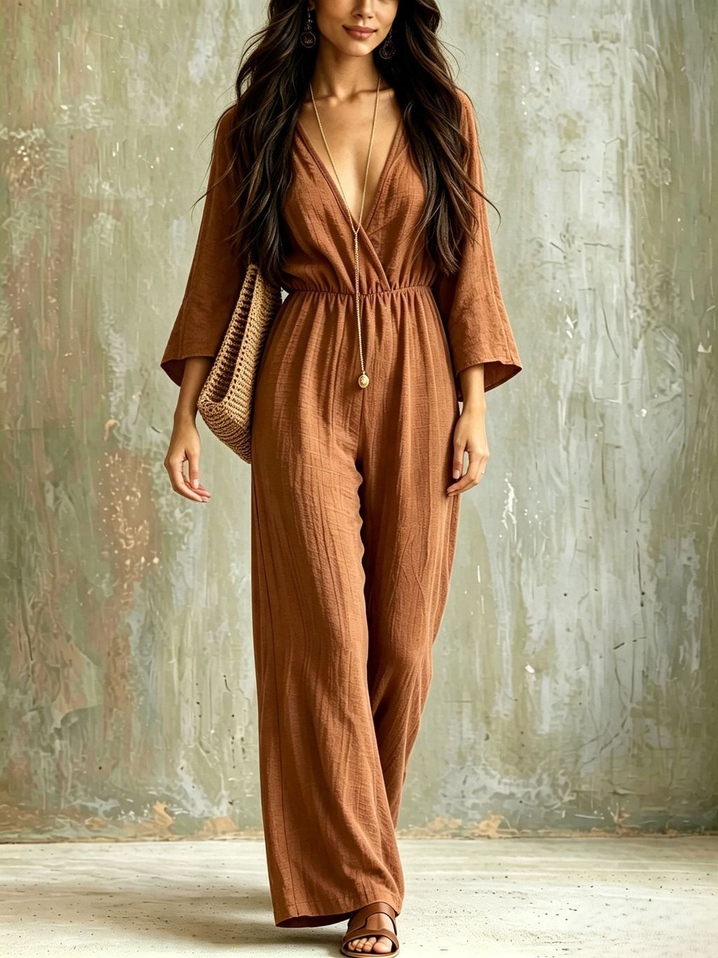 Bohemian-style V-neck Loose-fit Wide-leg Jumpsuit