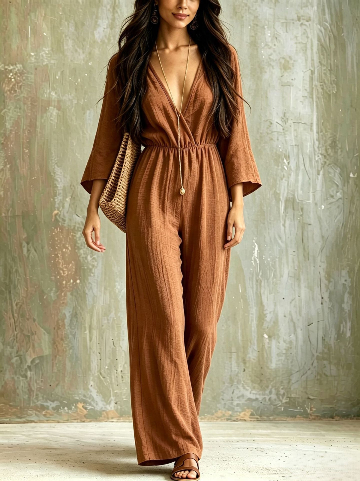 Bohemian-style V-neck Loose-fit Wide-leg Jumpsuit