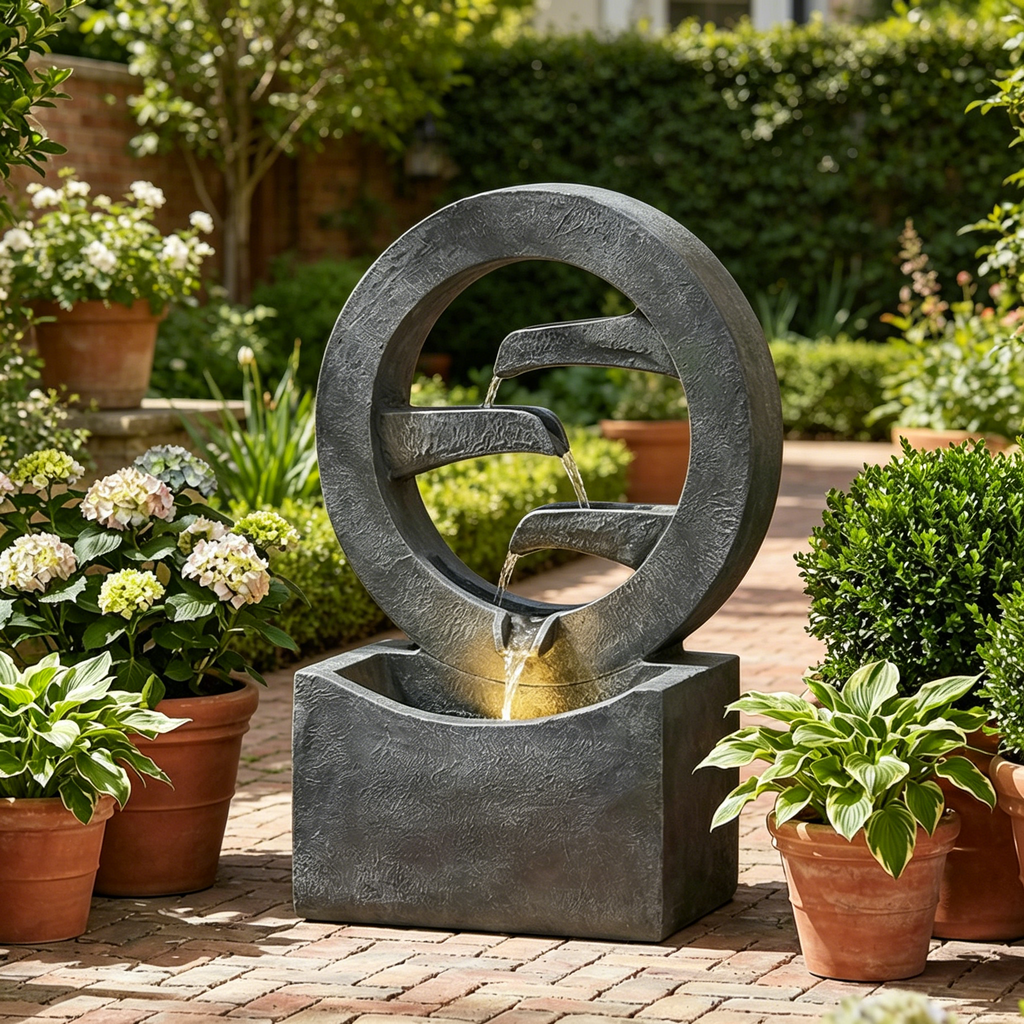26.77"H Modern Circular Outdoor Fountain with LED Light