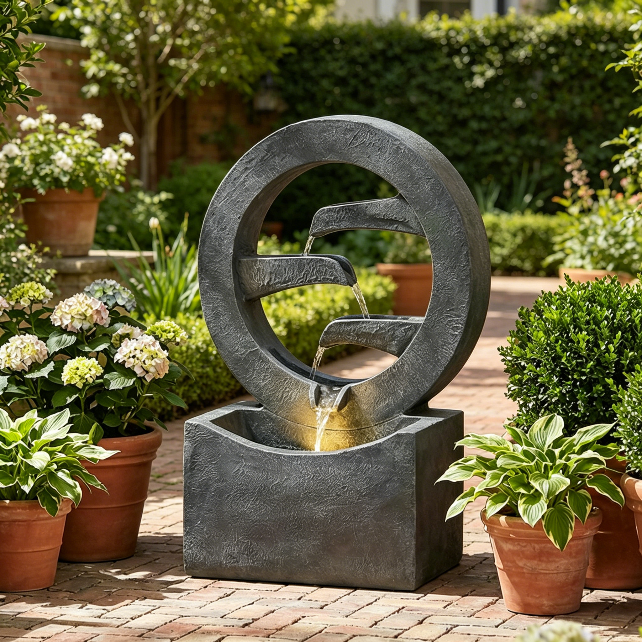 26.77"H Modern Circular Outdoor Fountain with LED Light