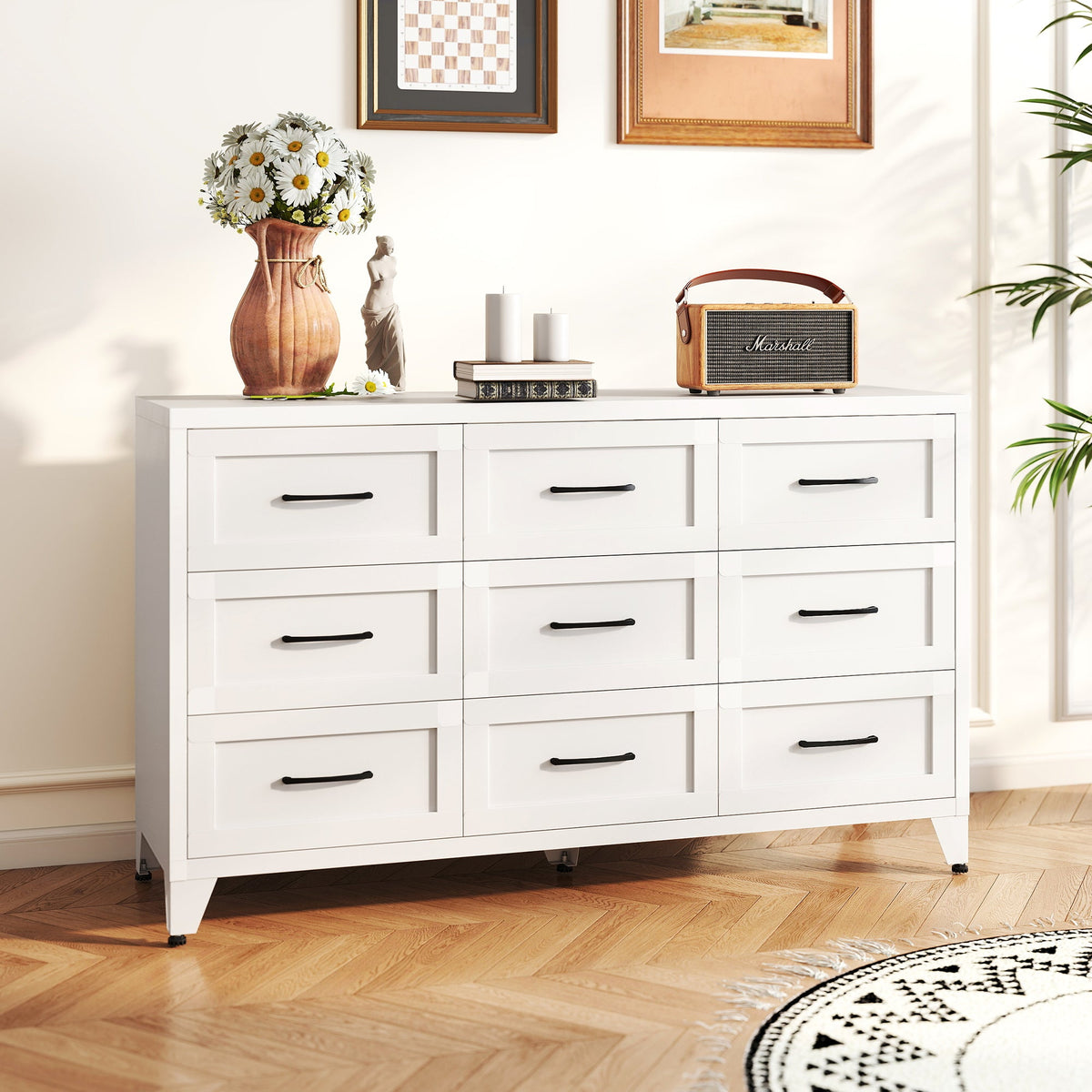 9 Drawer Dresser for Bedroom, Metal Profile Chest of Drawers