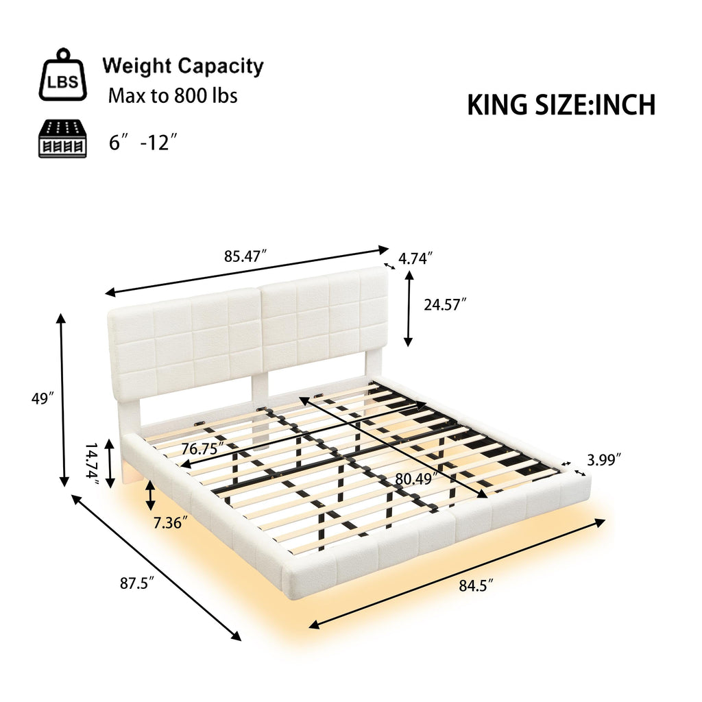 White Boucle Floating Bed with Light, King