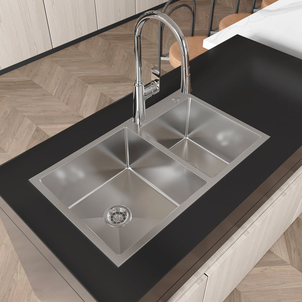Stainless Steel Kitchen Sink, 32″x19″ Double Bowl in Brushed Nickel