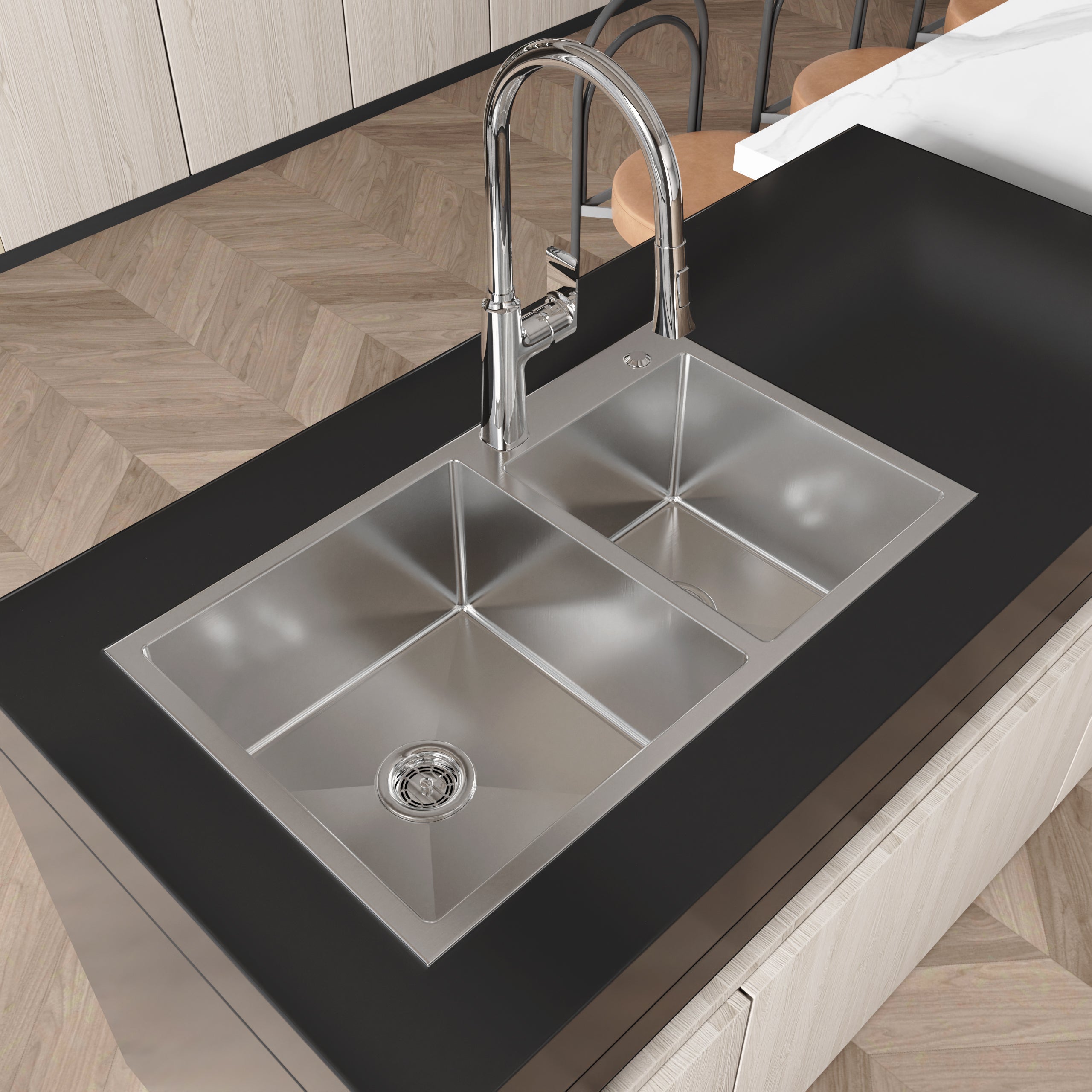 Stainless Steel Kitchen Sink, 32″x19″ Double Bowl in Brushed Nickel
