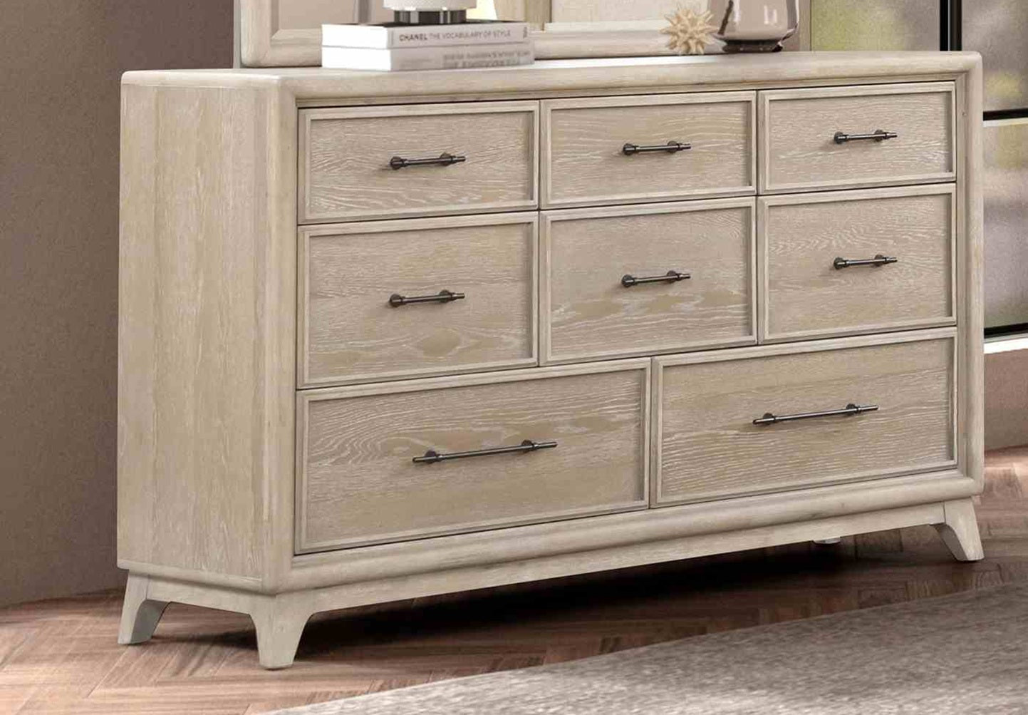 Oak Finish Eight Drawers Dresser With Mirror