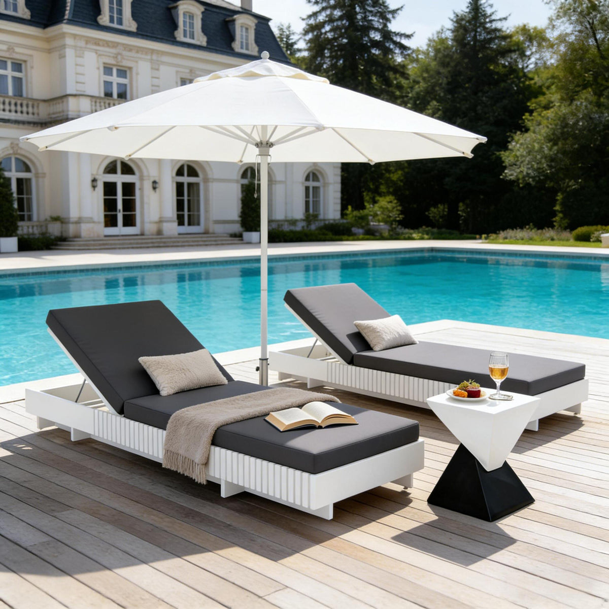 White Acacia Solid Wood Outdoor Chaise Lounge with Dark Cushion