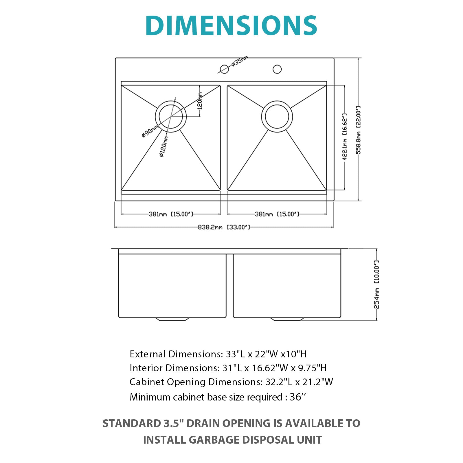 Topmount Drop In Kitchen Sink - 33"x 22"