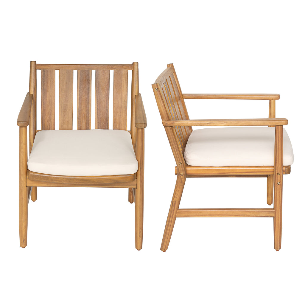 2-Piece Outdoor Acacia Wood Arm Dining Chairs with Removable Cushions