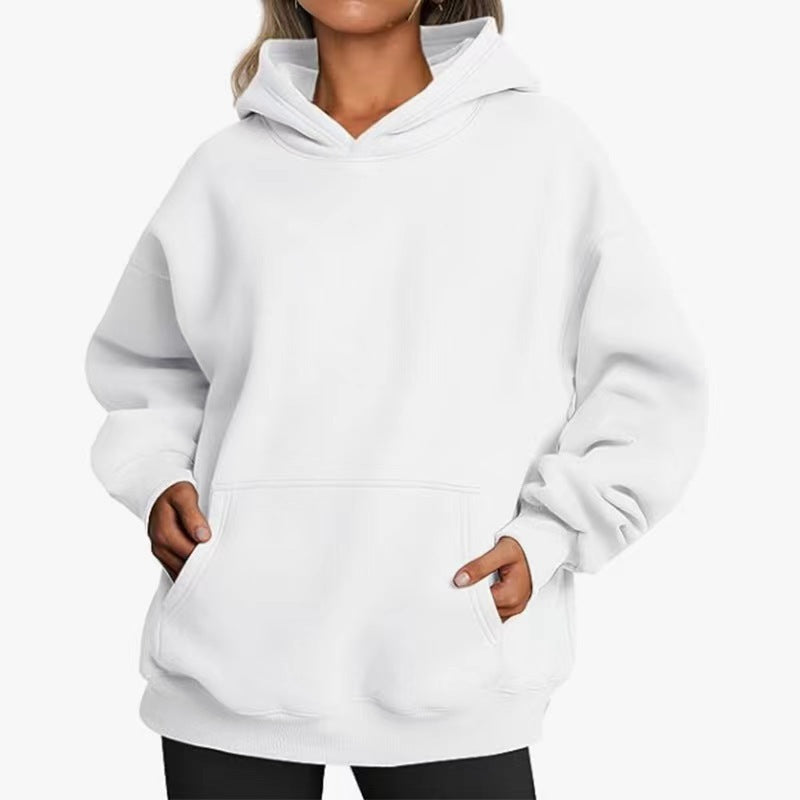 Women's Solid-color Long-sleeved Loose-fitting Hooded Sweatshirt With Pocket