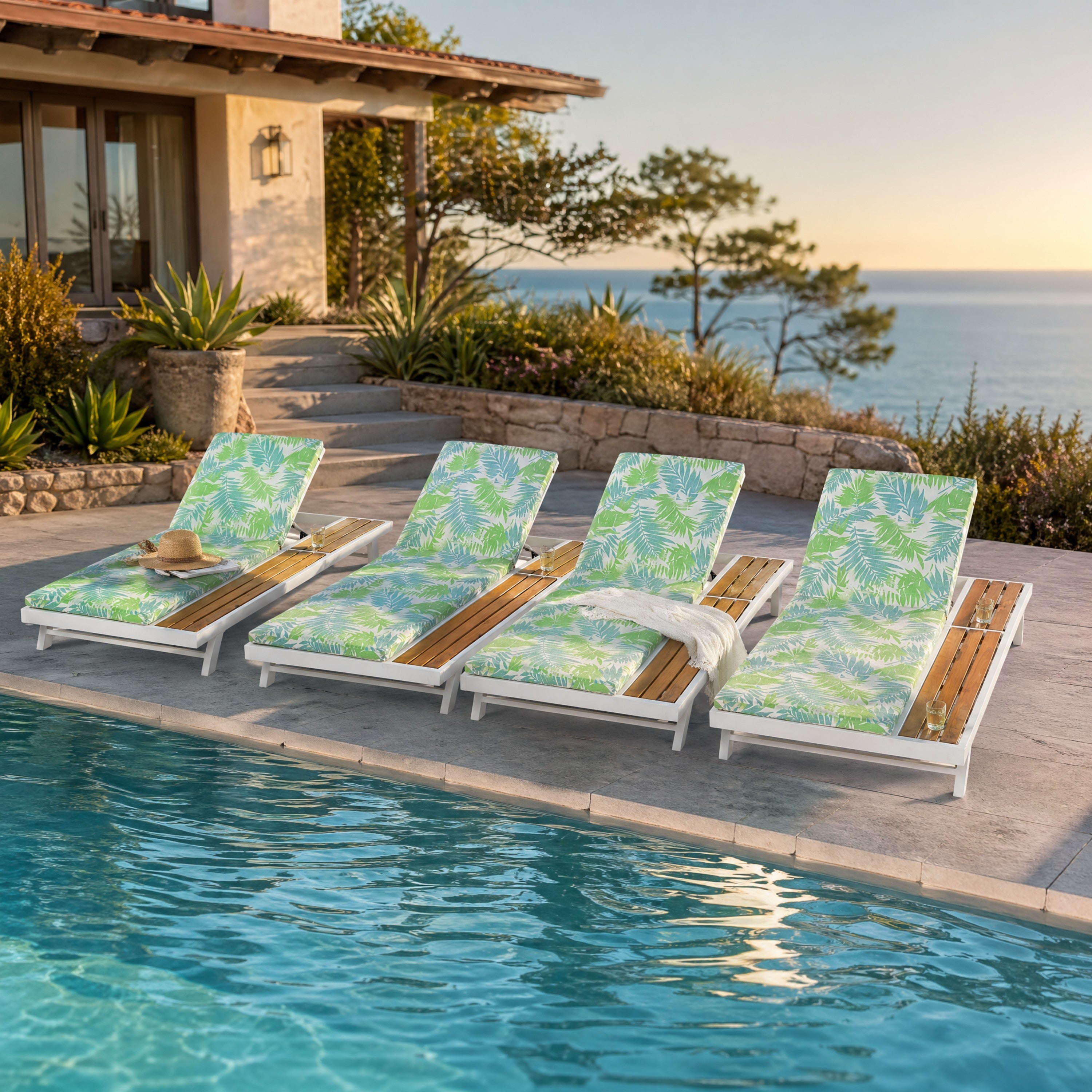 White Iron + Teak Finish Outdoor Chaise Lounge Set