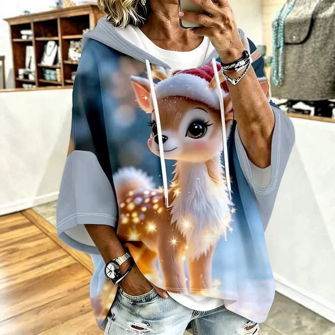 Womens Retro-Print Hoodie With Drawstring And Three-Quarter Sleeves