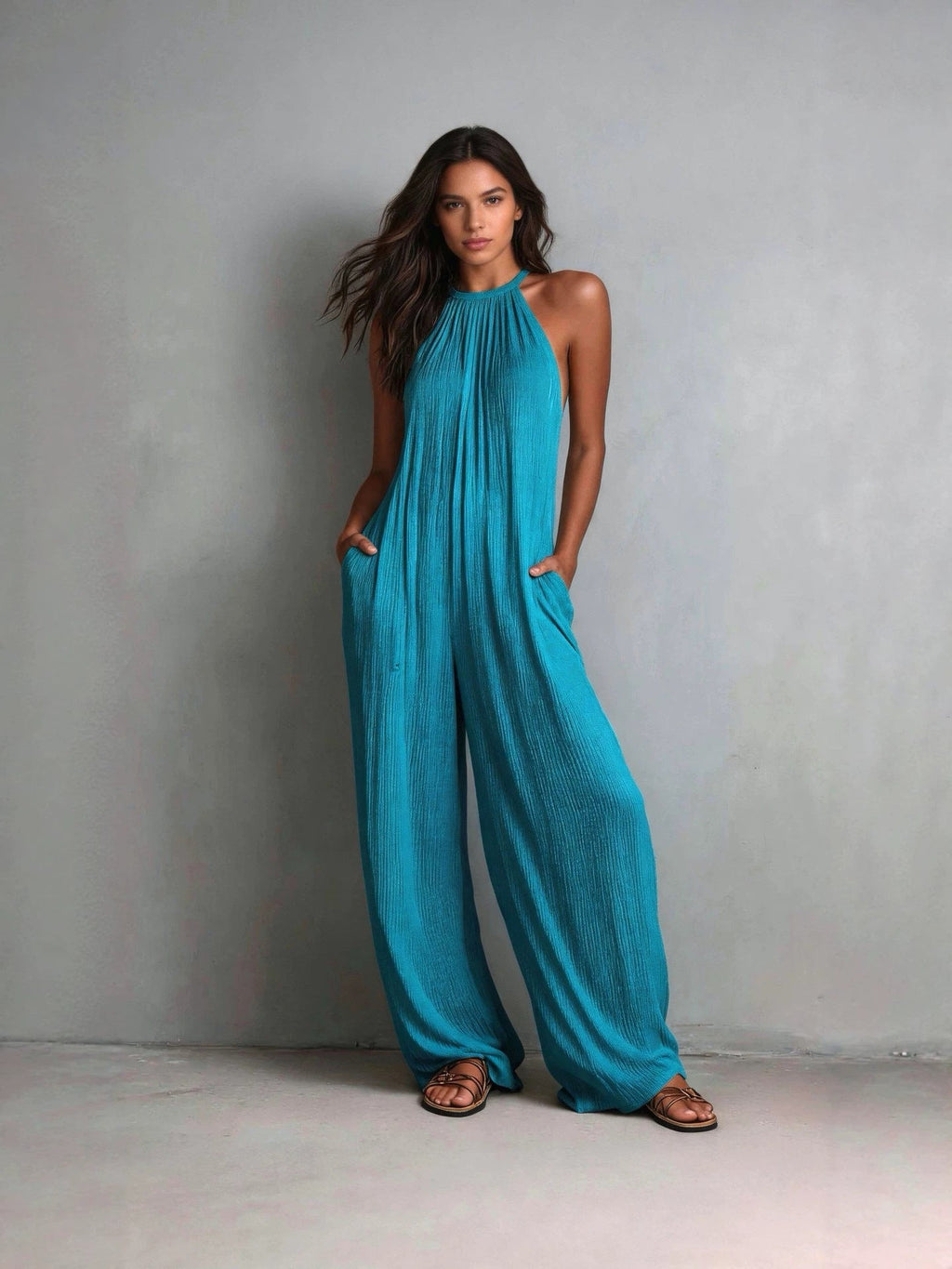 Cross-Border Foreign Trade Women's Clothing European And American Style Halter Neck Sleeveless Vacation Style White Pleated Backless Wide-Leg Jumpsuit